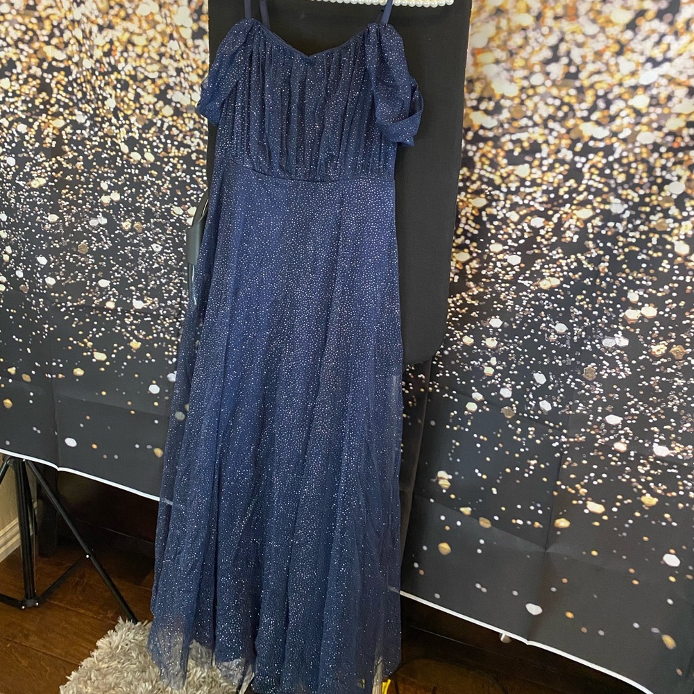 Women petite/small navy blue glitter ankle to floor length formal dress